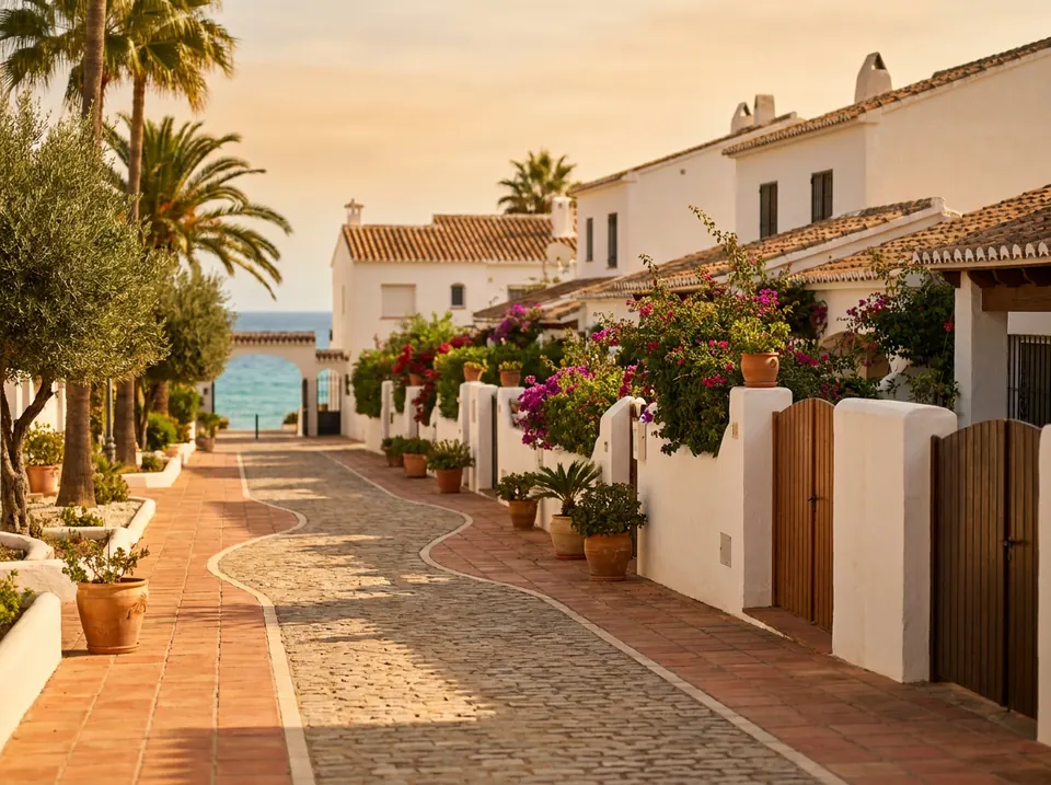 Calle residencial de villas blancas junto al mar en El Albir